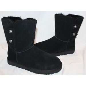 NIB UGG Women's Classic Short Marciella Button Suede Shearling Boots Black SZ 9